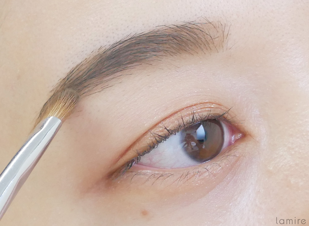アイブロウパウダーを使って、眉毛の形を描いている女性の目元の写真