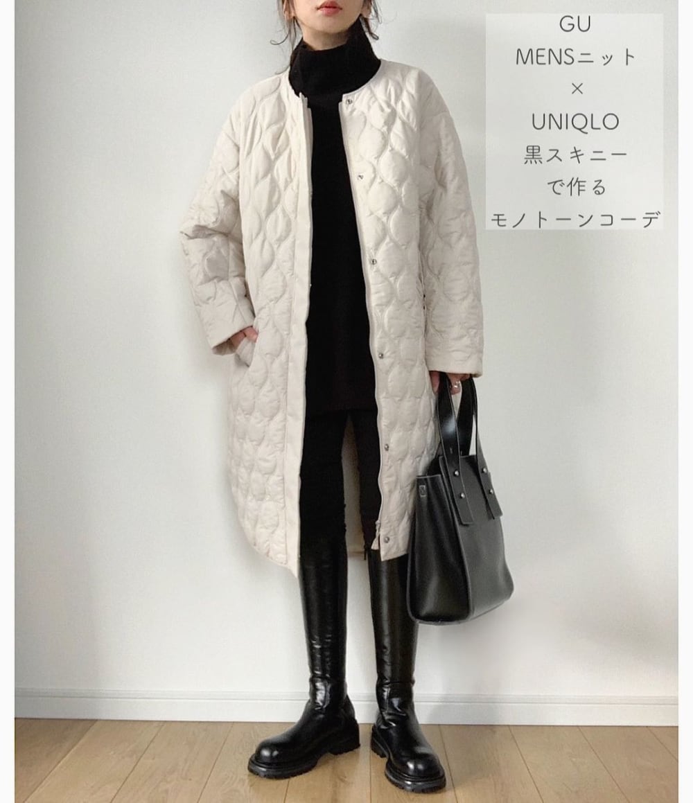 maikoさんのGUメンズニットとユニクロスキニーにキルティングコートを羽織ったモノトーンコーデ