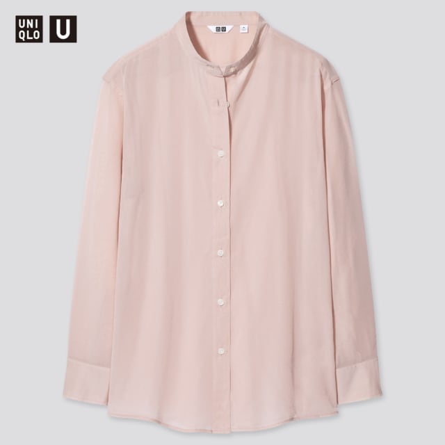 くすみピンクのバンドカラーシアーシャツ