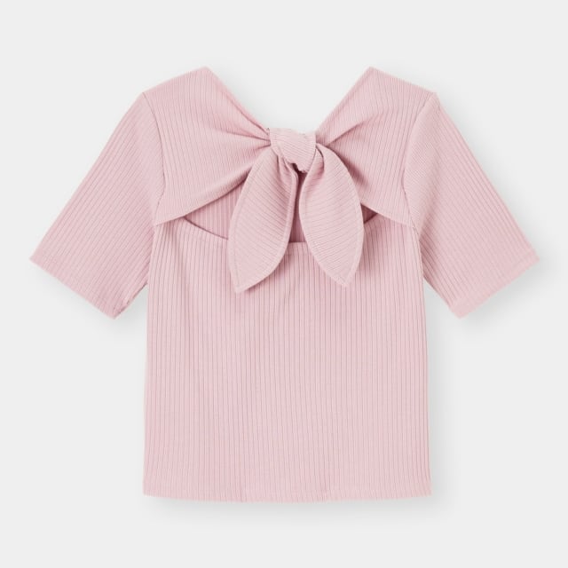 くすみピンクのリブ素材バックリボン半袖Tシャツ
